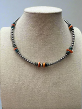 Load image into Gallery viewer, 4mm Sterling Pearl and genuine turquoise and spiny choker - 14 inch