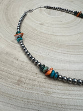 Load image into Gallery viewer, 4mm Sterling Pearl and genuine turquoise and spiny choker - 14 inch