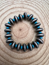 Load image into Gallery viewer, Western Faux Saucer Pearl Stretch Bracelet with Faux Turquoise - 6 1/2 inch