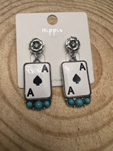 Load image into Gallery viewer, Ace of Spades and Faux Turquoise Earrings - 2 inch drop