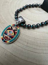 Load image into Gallery viewer, Aztec Pendant with Seed Bead and Faux Pearl and Turquoise Stretch Bracelet
