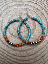Load image into Gallery viewer, Hoop Earrings With Turquoise, Spiny Oyster & Sterling Silver Pearls - 2 1/4 inch hoops