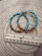 Load image into Gallery viewer, Hoop Earrings With Turquoise, Spiny Oyster & Sterling Silver Pearls - 2 1/4 inch hoops