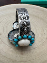 Load image into Gallery viewer, Large Western Faux Turquoise and White Buffalo Stretch Cuff Bracelet