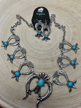 Load image into Gallery viewer, Squash Blossom and Faux Turquoise & Earring Set - 24 inch necklace