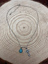 Load image into Gallery viewer, Western Rhinestone Cross and Faux Turquoise Dangle Necklace - 18 inch + 3