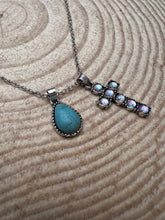 Load image into Gallery viewer, Western Rhinestone Cross and Faux Turquoise Dangle Necklace - 18 inch + 3