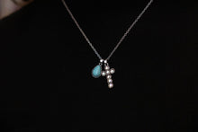 Load image into Gallery viewer, Western Rhinestone Cross and Faux Turquoise Dangle Necklace - 18 inch + 3