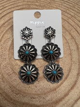Load image into Gallery viewer, 3 Concho Dangle Earrings with Faux Turquoise - 2 1/4 inch drop
