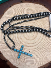 Load image into Gallery viewer, 3 Layered Necklace with Faux Turquoise Cross Pendant - 16, 18 and 26 inch
