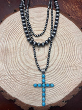 Load image into Gallery viewer, 3 Layered Necklace with Faux Turquoise Cross Pendant - 16, 18 and 26 inch
