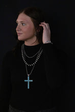 Load image into Gallery viewer, 3 Layered Necklace with Faux Turquoise Cross Pendant - 16, 18 and 26 inch
