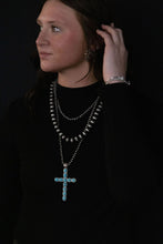 Load image into Gallery viewer, 3 Layered Necklace with Faux Turquoise Cross Pendant - 16, 18 and 26 inch
