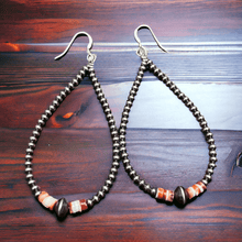 Load image into Gallery viewer, 3mm teardrop Sterling Silver Pearls earrings with orange Spiny Oyster - 3 1/4 inch drop
