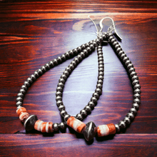 Load image into Gallery viewer, 3mm teardrop Sterling Silver Pearls earrings with orange Spiny Oyster - 3 1/4 inch drop
