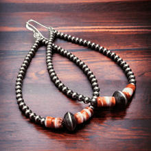 Load image into Gallery viewer, 3mm teardrop Sterling Silver Pearls earrings with orange Spiny Oyster - 3 1/4 inch drop
