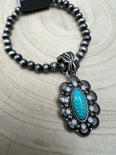 Load image into Gallery viewer, Western Faux Pearl and Concho with Faux Turquoise Stretch Bracelet - 6 inch

