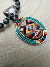 Load image into Gallery viewer, Aztec Pendant with Seed Bead and Faux Pearl and Turquoise Stretch Bracelet
