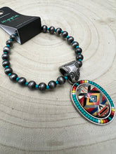 Load image into Gallery viewer, Aztec Pendant with Seed Bead and Faux Pearl and Turquoise Stretch Bracelet
