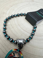 Load image into Gallery viewer, Aztec Pendant with Seed Bead and Faux Pearl and Turquoise Stretch Bracelet
