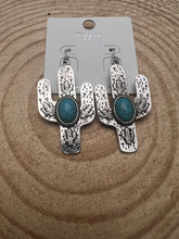 Load image into Gallery viewer, Cactus Dangle Earrings with Faux Turquoise - 2 1/2 inch drop

