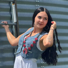Load image into Gallery viewer, Faux Coral Long Squash Blossom Statement Necklace - 32 inch necklace
