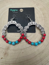 Load image into Gallery viewer, Faux Turquoise and Coral Hoop Earring - 1 3/4 inch drop
