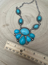 Load image into Gallery viewer, Faux Turquoise Squash Blossom and Earring Set - 18 inch necklace
