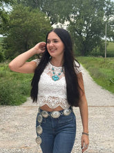 Load image into Gallery viewer, Faux Turquoise Squash Blossom and Earring Set - 18 inch necklace
