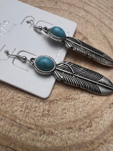 Load image into Gallery viewer, Feather Earrings with Faux Turquoise - 2 inch drop
