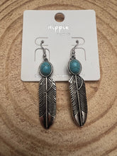 Load image into Gallery viewer, Feather Earrings with Faux Turquoise - 2 inch drop
