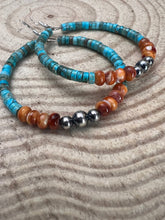 Load image into Gallery viewer, Hoop Earrings With Turquoise, Spiny Oyster &amp; Sterling Silver Pearls - 2 1/4 inch hoops

