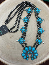 Load image into Gallery viewer, Huge Double Strand Faux Turquoise Squash Blossom Statement Necklace -  32 inch + 3
