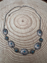 Load image into Gallery viewer, Linked Concho and Faux Turquoise Necklace - 18 inch + 3
