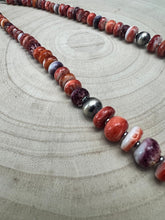 Load image into Gallery viewer, Purple and orange spiny oyster necklace - 22 inch
