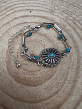 Load image into Gallery viewer, Soldered Faux Turquoise Chain Concho Bracelet with 3 inch extender
