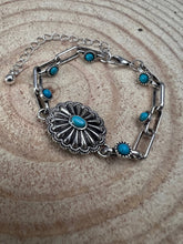 Load image into Gallery viewer, Soldered Faux Turquoise Chain Concho Bracelet with 3 inch extender
