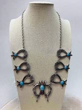 Load image into Gallery viewer, Squash Blossom and Faux Turquoise &amp; Earring Set - 24 inch necklace
