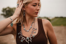 Load image into Gallery viewer, Squash Blossom and Faux Turquoise &amp; Earring Set - 24 inch necklace

