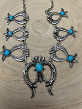Load image into Gallery viewer, Squash Blossom and Faux Turquoise &amp; Earring Set - 24 inch necklace
