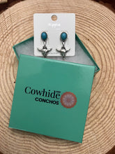 Load image into Gallery viewer, Western Bull Skull Dangle Earrings with Faux Turquoise - 1 1/2 inch drop
