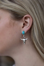 Load image into Gallery viewer, Western Bull Skull Dangle Earrings with Faux Turquoise - 1 1/2 inch drop

