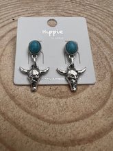 Load image into Gallery viewer, Western Bull Skull Dangle Earrings with Faux Turquoise - 1 1/2 inch drop
