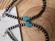 Load image into Gallery viewer, Western Cross with Faux Turquoise Metal Pearl Teardrop Earrings - 2 1/2 inch drop
